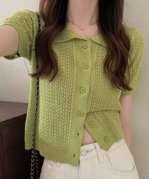 deux amour(ドゥーザムール)の「えり付き前ボタンメッシュカーディガン(アンサンブル・レディース・ブラック/グリーン/ホワイト/イエロー/パープル・FREE)」の8枚目の写真