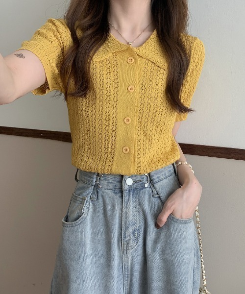 deux amour(ドゥーザムール)の「えり付き前ボタンメッシュカーディガン(アンサンブル・レディース・ブラック/グリーン/ホワイト/イエロー/パープル・FREE)」の6枚目の写真