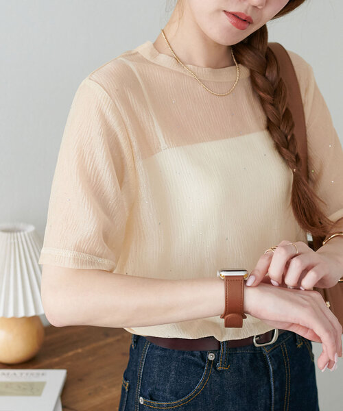 DISCOAT（ディスコート）の「【WEB限定】シアーキラキラT（Tシャツ/カットソー・レディース・ライトベージュ/ピンク/ブラック・MEDIUM）」の3枚目の写真