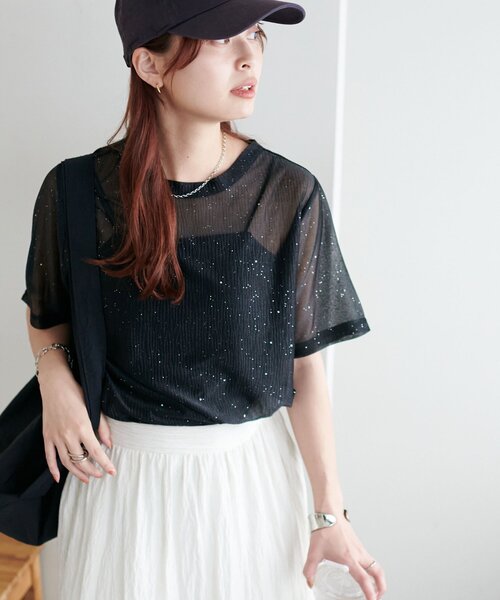 DISCOAT(ディスコート)の「【WEB限定】シアーキラキラTシャツ(Tシャツ/カットソー・レディース・ライトベージュ/ピンク/ブラック・MEDIUM)」の14枚目の写真