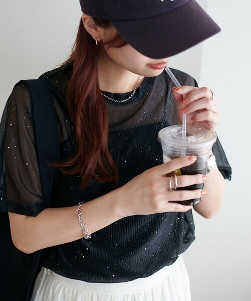 DISCOAT(ディスコート)の「【WEB限定】シアーキラキラTシャツ(Tシャツ/カットソー・レディース・ライトベージュ/ピンク/ブラック・MEDIUM)」の15枚目の写真
