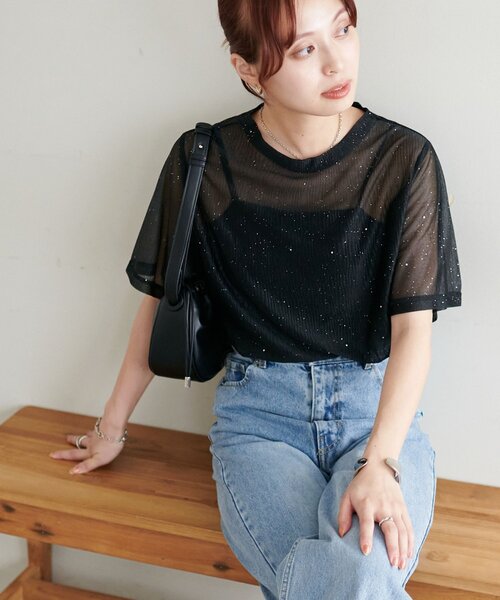DISCOAT(ディスコート)の「【WEB限定】シアーキラキラTシャツ(Tシャツ/カットソー・レディース・ライトベージュ/ピンク/ブラック・MEDIUM)」の17枚目の写真