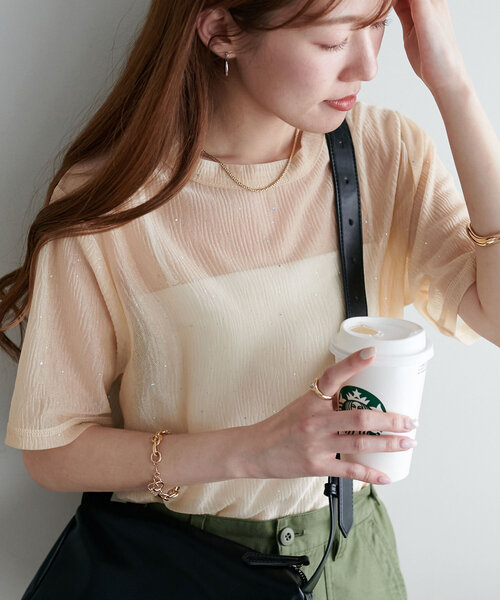 DISCOAT（ディスコート）の「【WEB限定】シアーキラキラT（Tシャツ/カットソー・レディース・ライトベージュ/ピンク/ブラック・MEDIUM）」の15枚目の写真