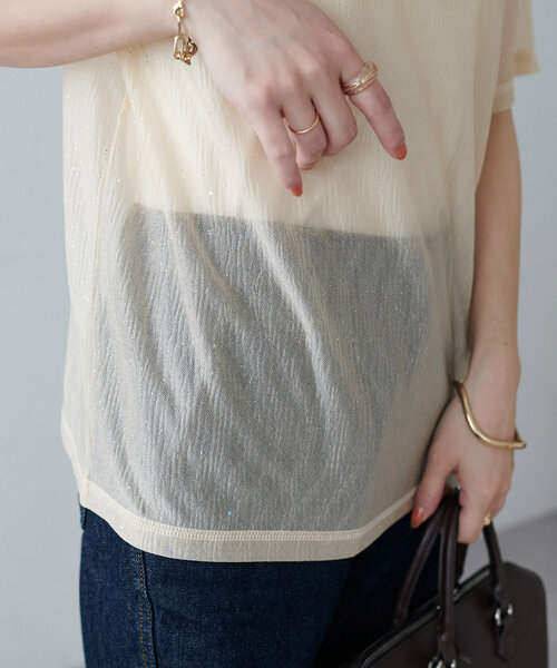 DISCOAT（ディスコート）の「【WEB限定】シアーキラキラT（Tシャツ/カットソー・レディース・ライトベージュ/ピンク/ブラック・MEDIUM）」の7枚目の写真