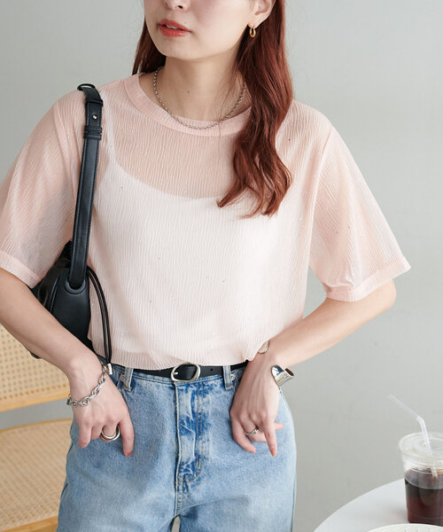 DISCOAT（ディスコート）の「【WEB限定】シアーキラキラT（Tシャツ/カットソー・レディース・ライトベージュ/ピンク/ブラック・MEDIUM）」の10枚目の写真