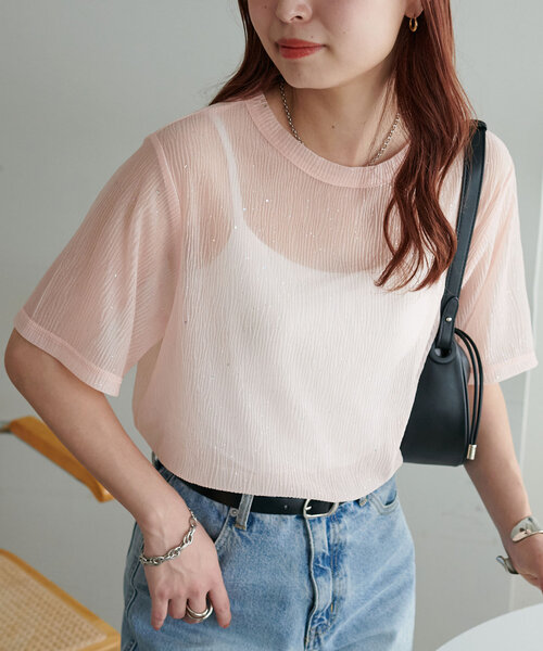 DISCOAT（ディスコート）の「【WEB限定】シアーキラキラT（Tシャツ/カットソー・レディース・ライトベージュ/ピンク/ブラック・MEDIUM）」の11枚目の写真