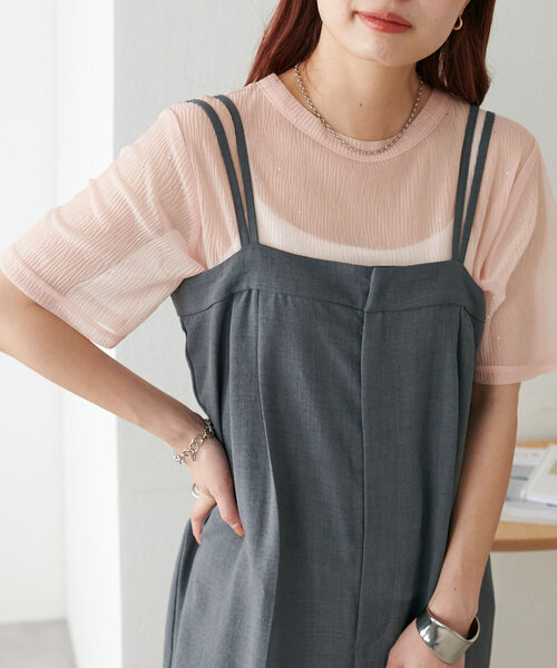 DISCOAT（ディスコート）の「【WEB限定】シアーキラキラT（Tシャツ/カットソー・レディース・ライトベージュ/ピンク/ブラック・MEDIUM）」の4枚目の写真