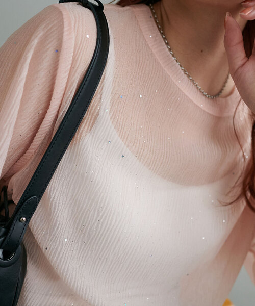 DISCOAT（ディスコート）の「【WEB限定】シアーキラキラT（Tシャツ/カットソー・レディース・ライトベージュ/ピンク/ブラック・MEDIUM）」の6枚目の写真