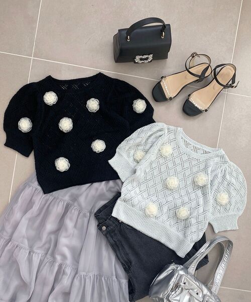 MAJESTIC LEGON（マジェスティックレゴン）の「ローズモチーフレーシーニット（ニット/セーター・レディース・オフホワイト/ブルー/ブラック・MEDIUM）」の14枚目の写真