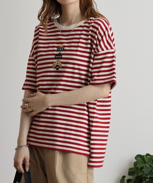 Emago(イマゴ)の「EMAGO 地球ロゴ刺繍ワイドTシャツ(Tシャツ/カットソー・レディース・アイボリー/ホワイト×ブラック/ホワイト×レッド・FREE)」の12枚目の写真