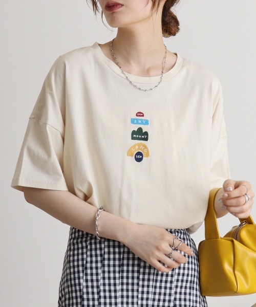tシャツ EMAGO 地球ロゴ刺繍ワイドTシャツ レディース EMAGO 地球ロゴ刺繍ワイドTシャツ（Tシャツ/カットソー）｜Emago