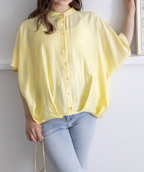 clear（クリア）の「フレンチスリーブ裾タックブラウス[オフィスカジュアル 着回し抜群 大人]≪再入荷≫（シャツ/ブラウス・レディース・オフホワイト/イエロー/ミント/ブラック/ブルーグレー・F）」の5枚目の写真