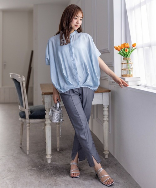 clear（クリア）の「フレンチスリーブ裾タックブラウス[オフィスカジュアル 着回し抜群 大人]≪再入荷≫（シャツ/ブラウス・レディース・オフホワイト/イエロー/ミント/ブラック/ブルーグレー・F）」の15枚目の写真