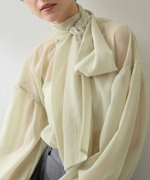 Whim Gazette　ウィムガゼット　ボウタイ　ブラウス　茶色　オフィス ウィムガゼット Whim Gazette シルクローンボウタイブラウス