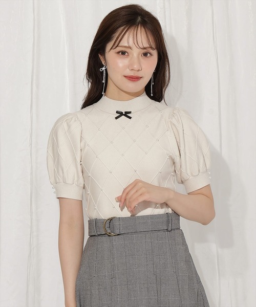 WILLSELECTION（ウィルセレクション）の「ダイヤ柄パールパフニット（ニット/セーター・レディース・アイボリー/ピンク/ブラック・FREE）」の2枚目の写真