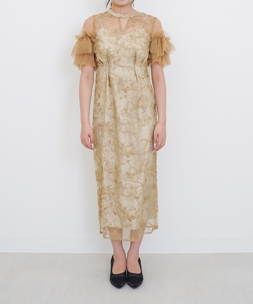 断捨離中ですチュールフリルリボンボレロスパンコール花柄刺繍ベアトップドレス Leja ドレス 「LEJA」チュールフリルリボンボレロスパンコール花