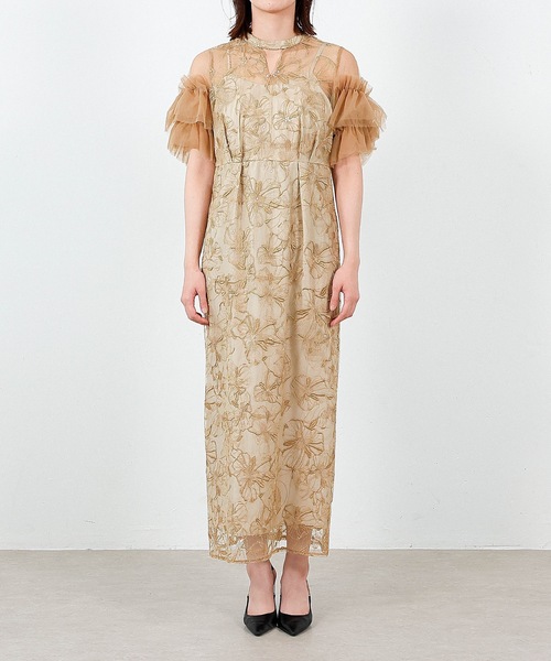 セール】チュールフリルスリーブ スパンコール 刺繍レース パーティー