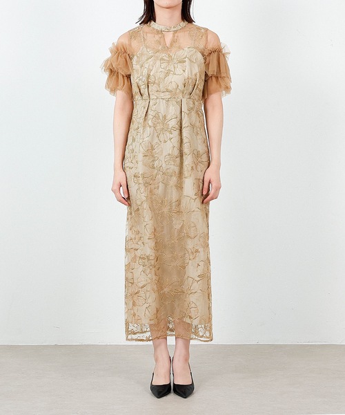 チュールフリルスリーブ スパンコール 刺繍レース パーティー ドレス