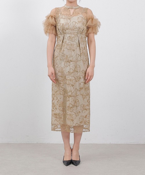 チュールフリルスリーブ スパンコール 刺繍レース パーティー ドレス