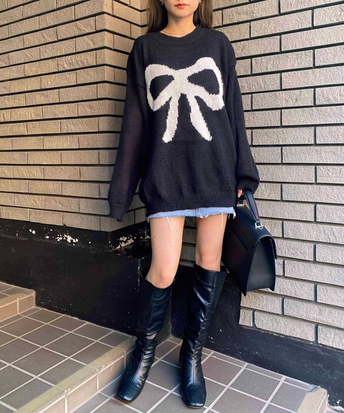 NANEA(ナネア)の「ドロップショルダーローゲージリボンニットプルオーバー(ニット/セーター・レディース・ピンク/グリーン/ホワイト/ブラック・フリー)」の8枚目の写真