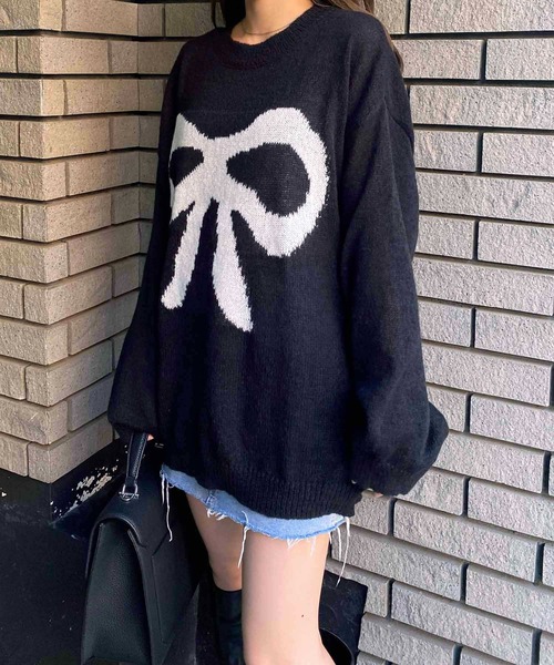 セール】ドロップショルダーローゲージリボンニットプルオーバー