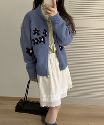 WEGO/もちもちフラワージャガードカウチンニットカーデ