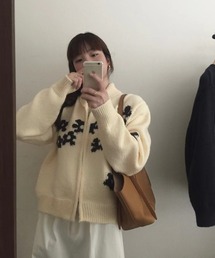 WEGO/もちもちフラワージャガードカウチンニットカーデ
