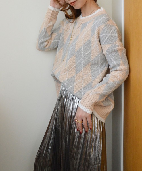 【美品】sulvam 22AW アーガイル オーバーサイズニット ベージュ 美品】sulvam 22AW アーガイル オーバーサイズニット ベージュ Vネック