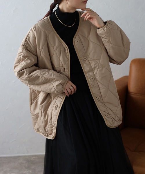 BEIGE ベイジ　フェイクレザー　ダイヤキルト　ノーカラーブルゾン　ブラック BEIGE ベイジ フェイクレザー ダイヤキルト ノーカラーブルゾン ブラック