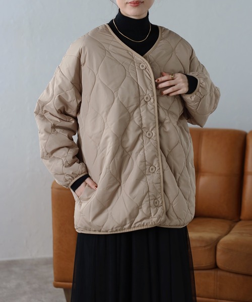 セール】ウェーブキルトノーカラージャケット（ノーカラージャケット