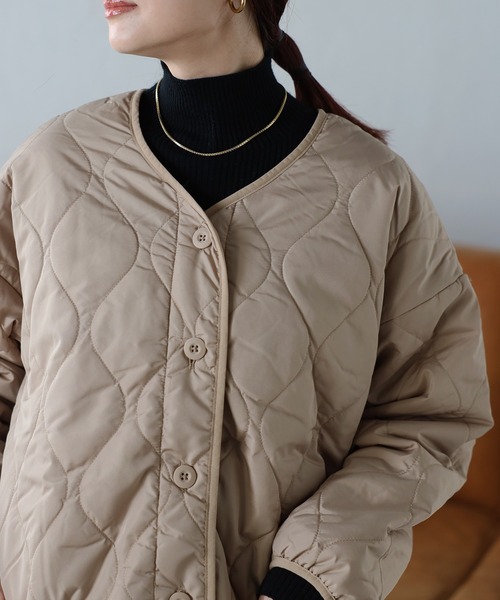 セール】ウェーブキルトノーカラージャケット（ノーカラージャケット