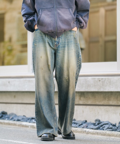 セール】ヴィンテージライク/ダメージ加工バギーフレアパンツ（デニム