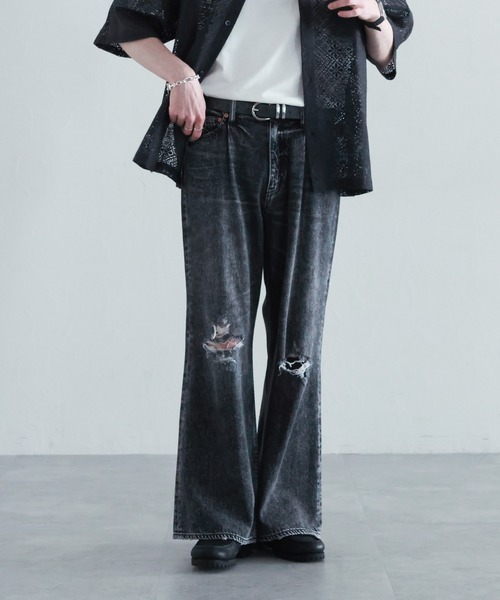 セール】ヴィンテージライク/ダメージ加工バギーフレアパンツ（デニム