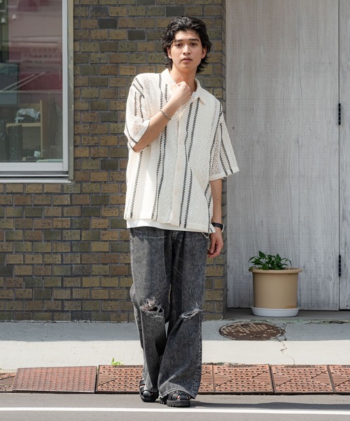 セール】ヴィンテージライク/ダメージ加工バギーフレアパンツ（デニム