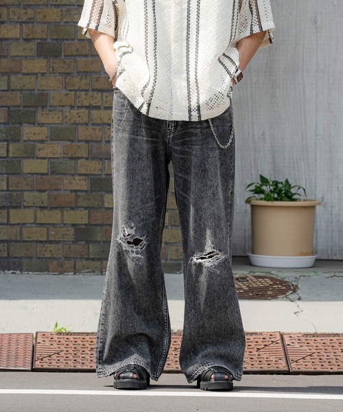 かしわの セール】ヴィンテージライク/ダメージ加工バギーフレアパンツ（デニム