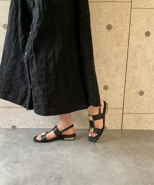 本革/軽量/185g】スクエアバックルストラップサンダル ALL BLACK