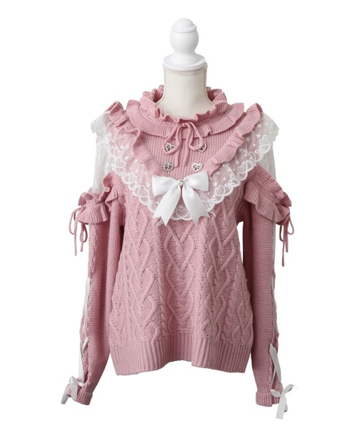 DearMyLove（ディアマイラブ）の「袖レースアップフリルハートビジューニット（ニット/セーター・レディース・ホワイト/ブラック/ベビーピンク・M-L/LL～3L）」の3枚目の写真