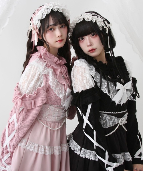 DearMyLove（ディアマイラブ）の「袖レースアップフリルハートビジューニット（ニット/セーター・レディース・ホワイト/ブラック/ベビーピンク・M-L/LL～3L）」の6枚目の写真