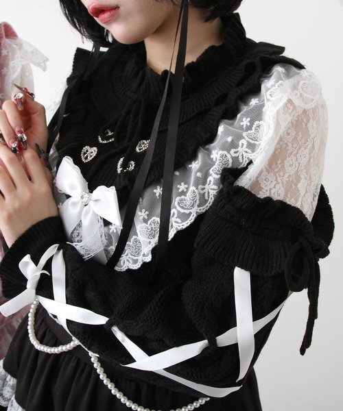DearMyLove（ディアマイラブ）の「袖レースアップフリルハートビジューニット（ニット/セーター・レディース・ホワイト/ブラック/ベビーピンク・M-L/LL～3L）」の10枚目の写真