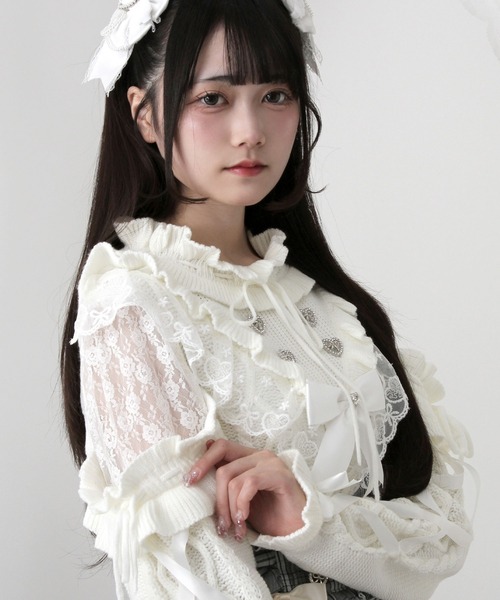 DearMyLove（ディアマイラブ）の「袖レースアップフリルハートビジューニット（ニット/セーター・レディース・ホワイト/ブラック/ベビーピンク・M-L/LL～3L）」の15枚目の写真