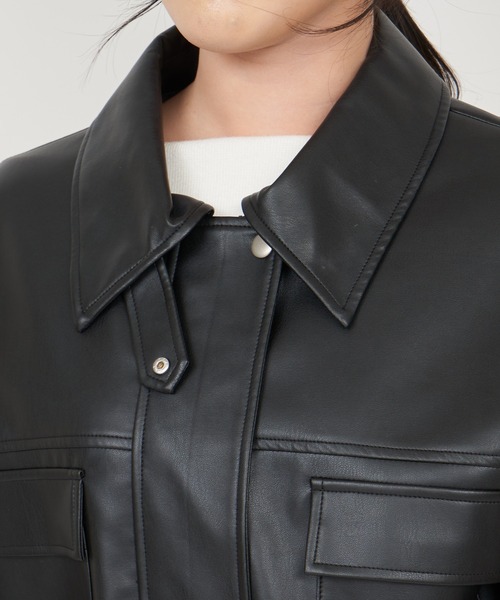 ROYAL PARTY（ロイヤルパーティー）の「オーバー合皮ショートジャケット（その他アウター・レディース・ブラック/オフホワイト・FREE）」の4枚目の写真