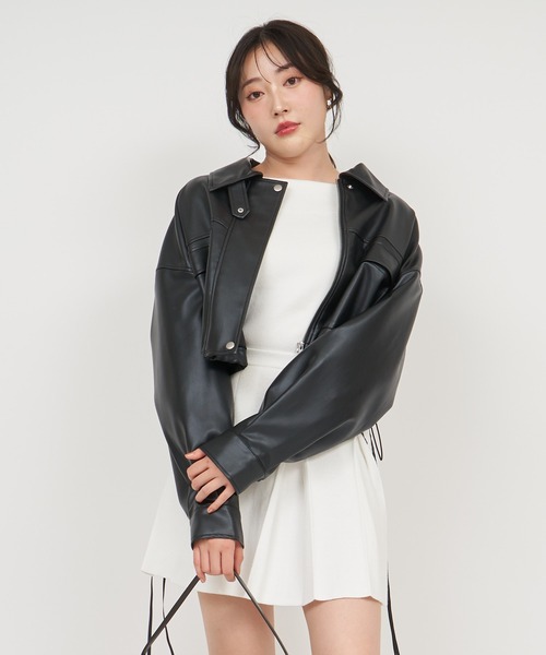 ROYAL PARTY（ロイヤルパーティー）の「オーバー合皮ショートジャケット（その他アウター・レディース・ブラック/オフホワイト・FREE）」の15枚目の写真