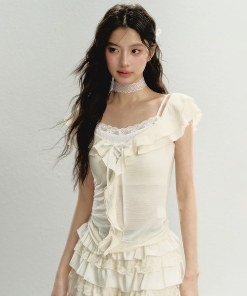 tシャツ オフショルダー レースデザイン 2Wayトップス SP25s013「SunsetPark」「2025SS」 レディース メンズ セール】オフショルダー レースデザイン 2Wayトップス SP25s013