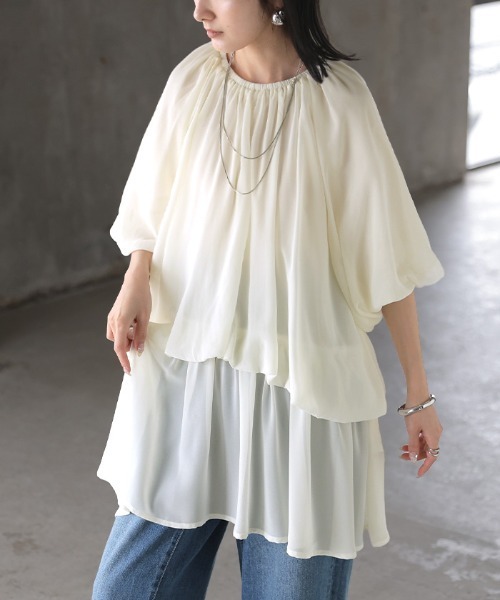 HUG.U(ハグユー)の「透明感。 ふわり シフォンブラウス(シャツ/ブラウス・レディース・ブラック/ライトブルー/ライトベージュ/オフホワイト・FREE)」の13枚目の写真