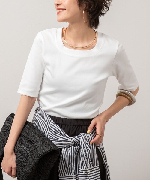 NOLLEY’S(ノーリーズ)の「◇【WEB限定】コンパクトベアテレコスクエア5分袖プルオーバーカットソー(Tシャツ/カットソー・レディース・ホワイト/ネイビー/ブラック・FREE)」の1枚目の写真