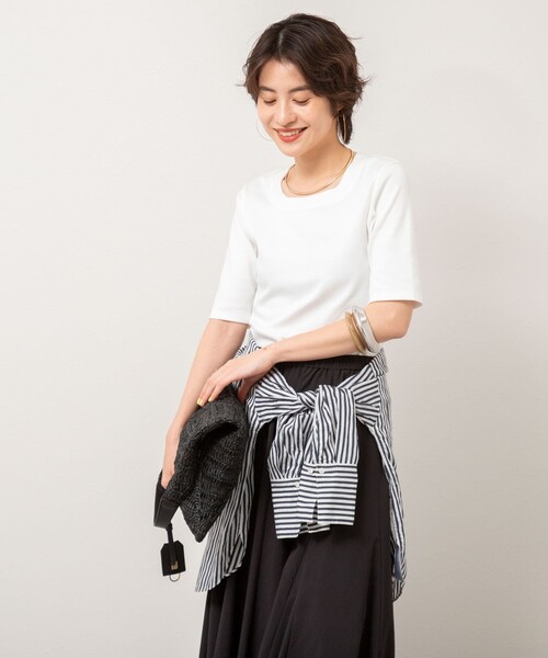 NOLLEY’S(ノーリーズ)の「◇【WEB限定】コンパクトベアテレコスクエア5分袖プルオーバーカットソー(Tシャツ/カットソー・レディース・ホワイト/ネイビー/ブラック・FREE)」の8枚目の写真