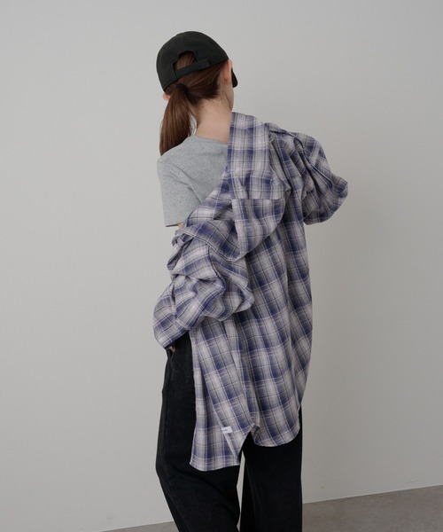 オーバーサイズフード付きチェックシャツ（シャツ/ブラウス