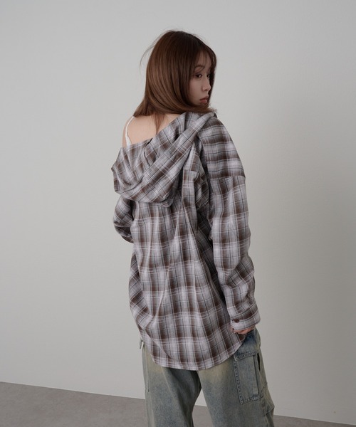 オーバーサイズフード付きチェックシャツ（シャツ/ブラウス