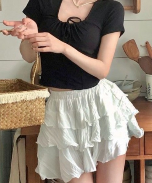 胸元リボンデザイン 半袖 トップス LADY LIKE tシャツ 「春夏新作」胸リボンレイヤード風半袖
