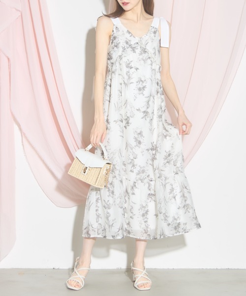 セール】【ZOZO限定】肩リボン花柄シフォンワンピース